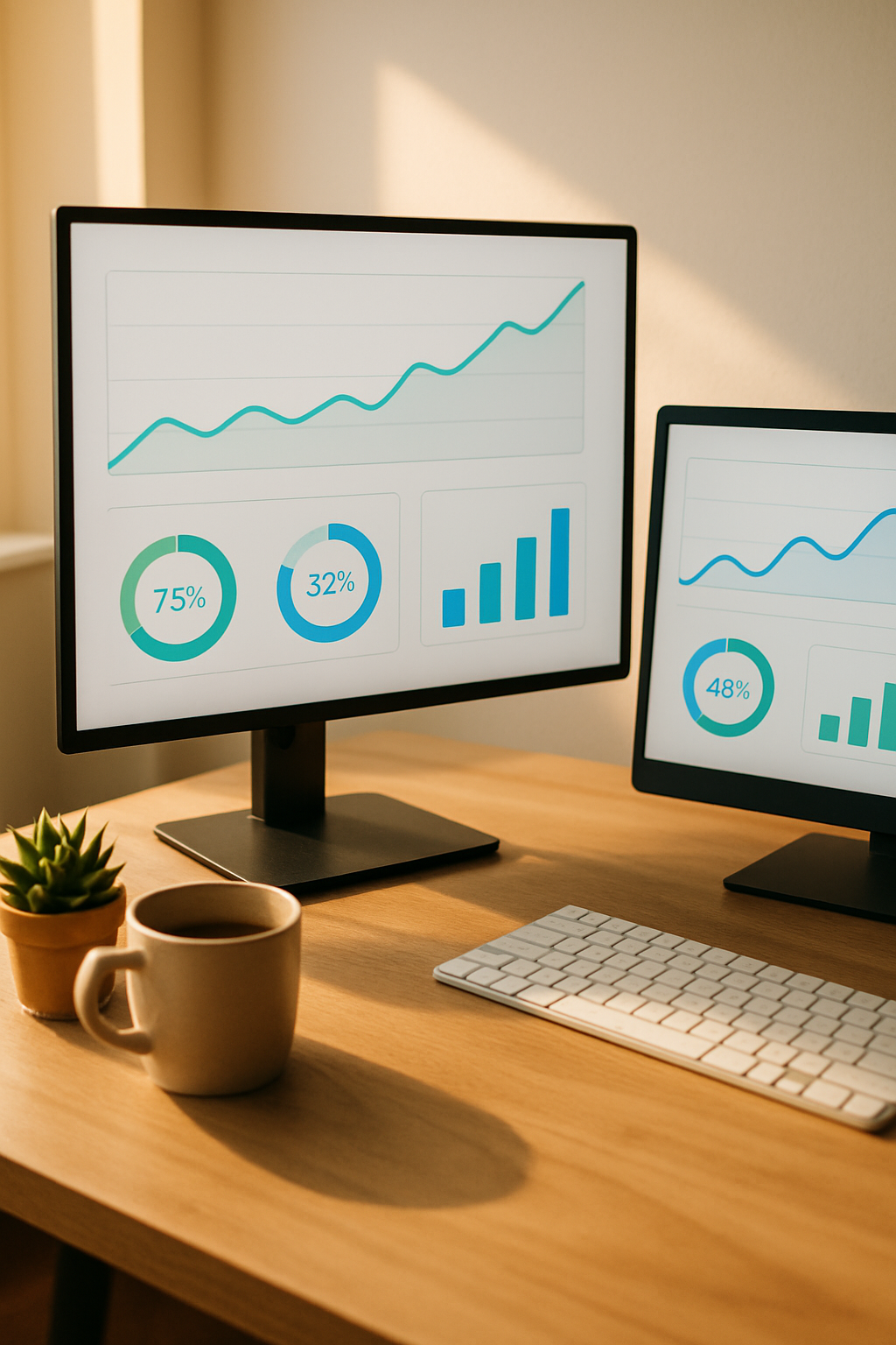 Dual monitors displaying search analytics dashboards